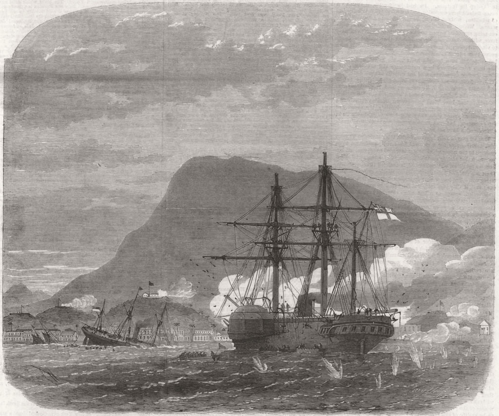 HAITI. HMS Bulldog fighting, Cap-Haitien 1865 old antique print picture